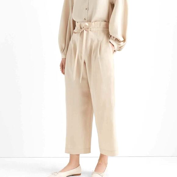 Club Monaco Anreannah Cream Linen Blend Paperbag Waist Wide Leg Cropped Pants - Picture 1 of 11